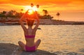 Girl silhouette at beach sunset heart shape Royalty Free Stock Photo