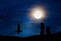 Girl silhouette on swing and two cats watching the full moon night sky background
