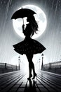 Girl silhouette under umbrella in the rain at moonlit night Royalty Free Stock Photo