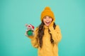 Girl sincere emotional child hold rat or mouse toy. Come play with me. Happy childhood. Rat symbol year. Plush toy Royalty Free Stock Photo
