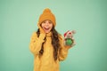 Girl sincere emotional child hold rat or mouse toy. Come play with me. Happy childhood. Rat symbol year. Plush toy Royalty Free Stock Photo