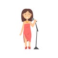 Girl Singer Character Singing with Microphone, Kid Dreaming of Future Profession Vector Illustration