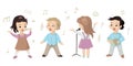 Children sing a song, a set of characters in a music lesson or choir. Vector illustration on white background