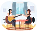 Girl sings song and plays guitar. Woman conducts and helps her friend. People rest at home