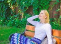 Girl sit bench relaxing in shadow, green nature background. Why you deserve break. Ways to give yourself break and enjoy