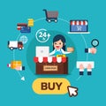 Girl sit front Flat icons design set for online shopping steps infographic. E-commerce flow with buy button Royalty Free Stock Photo