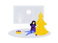 Girl sit and hold a cat near partly decorated Christmas tree. Flat illustration of room with big window, funny cozy Royalty Free Stock Photo