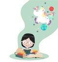 Girl sit reading book with unicorn in space Royalty Free Stock Photo