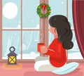 Girl sit window snow winter background hot drink tea coffee cup flat design vector illustration