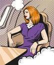 Girl siting and looking out the airplane window. Vector illustration in retro comic pop art style. Business class