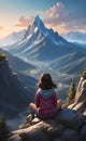 Girl siting on top of mountain ai generated