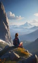 Girl siting on top of mountain ai generated