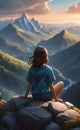 Girl siting on top of mountain ai generated