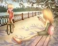 A girl sits on a bench, a boy rides a bicycle