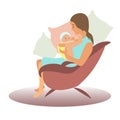 Girl sits in a chair. A woman breastfeeds a child. Young mother with baby. vector flat ilustracation. Mother`s Day.