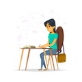 A girl sits at a desk and learns. Educational concept. Cartoon character design of girl student.