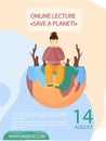 Girl sits on Earth suffering from deforestation. Online lecture about planet saving concept poster