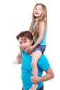 Girl sits on father shoulders