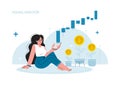 The girl sits on the floor with mobile phone, stock market investment,income money,young generation.Vector illustration. Royalty Free Stock Photo