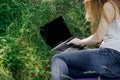 girl sits on the grass and works at a laptop. freelance. selfeducation. the concept of distance learning outdoors.