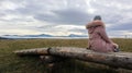 A girl sits with her back on wooden logs high in the Carpathians in cold autumn weather and enjoys a beautiful view of the Royalty Free Stock Photo