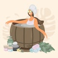 The girl sits in a hot tub and relaxes. A set of spa accessories. Bath interior design at home. Banner with female Royalty Free Stock Photo