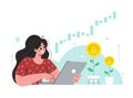 The girl sits at the laptop and invest in bitcoin stock market.Rising rate,income profit,money.Vector flat illustration.
