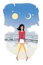 Girl sits on the moon on the background of a ghostly tram and a fabulous sky with the sun, moon, stars and clouds