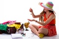 Girl sits near open suitcase. Royalty Free Stock Photo