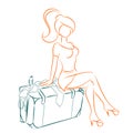 Girl sits on overflowed suitcase