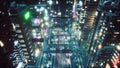 A girl sits on the roof of a skyscraper, dangles her legs and admires the neon city of the future. View of an future