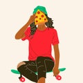 Girl sits on a skateboard and eats pizza.