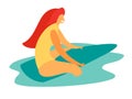 Girl sits on surf board in the ocean vector illustration