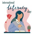 The girl sits at the table and writes in a notebook. Vector illustration for international literacy day. A young woman is engaged Royalty Free Stock Photo