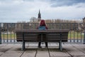 Girl Sitting Alone on Bench Cold Winter City Landscape Dresden W