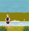 Girl sitting alone with the dog on side of swimming pool Royalty Free Stock Photo