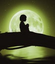 Girl sitting alone on a tree trunk under the moon light