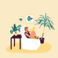 Girl is sitting in armchair and reading book in cosy room with potted tropical plants. Isolated on white background. Flat style