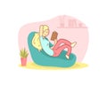 Girl Sitting in Armchair and Reading Book, Person Relaxing at Home Vector Illustration