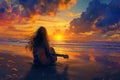 girl sitting on a beach, holding a guitar, watching the sunset