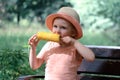 A girl is sitting on a bench. A beautiful child is eating corn cob.