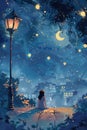 Girl Sitting on Bench Looking at Night Sky Royalty Free Stock Photo