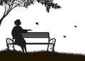 Girl sitting on the bench under the tree and feed sparrows, shadows, silhouette on white background Royalty Free Stock Photo