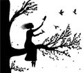 Girl sitting on big tree branch an holding the pigeons flying to her, autumn wind and birds silhouette, secret place Royalty Free Stock Photo