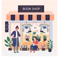 Girl sitting with books on background of bookstore. Businessman working in book shop with flowers
