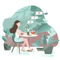 The girl is sitting in a cafe. communicates in a social network. green background. houseplants in pots. table and chair