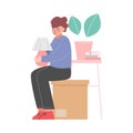 Girl Sitting on Cardboard Box, Woman Preparing for Relocation, Moving to New Home Vector Illustration