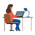 Girl sitting in a chair at the table and typing. A young woman working in the office at the computer. Royalty Free Stock Photo