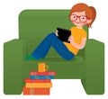Girl sitting in a chair with the tablet