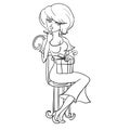 Girl sitting on a chair and thoughtfully holds on his knees a box tied with a bow, gift, outline drawing, isolated